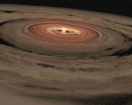 An artist's rendition of the protoplanetary disk surrounding a young star.